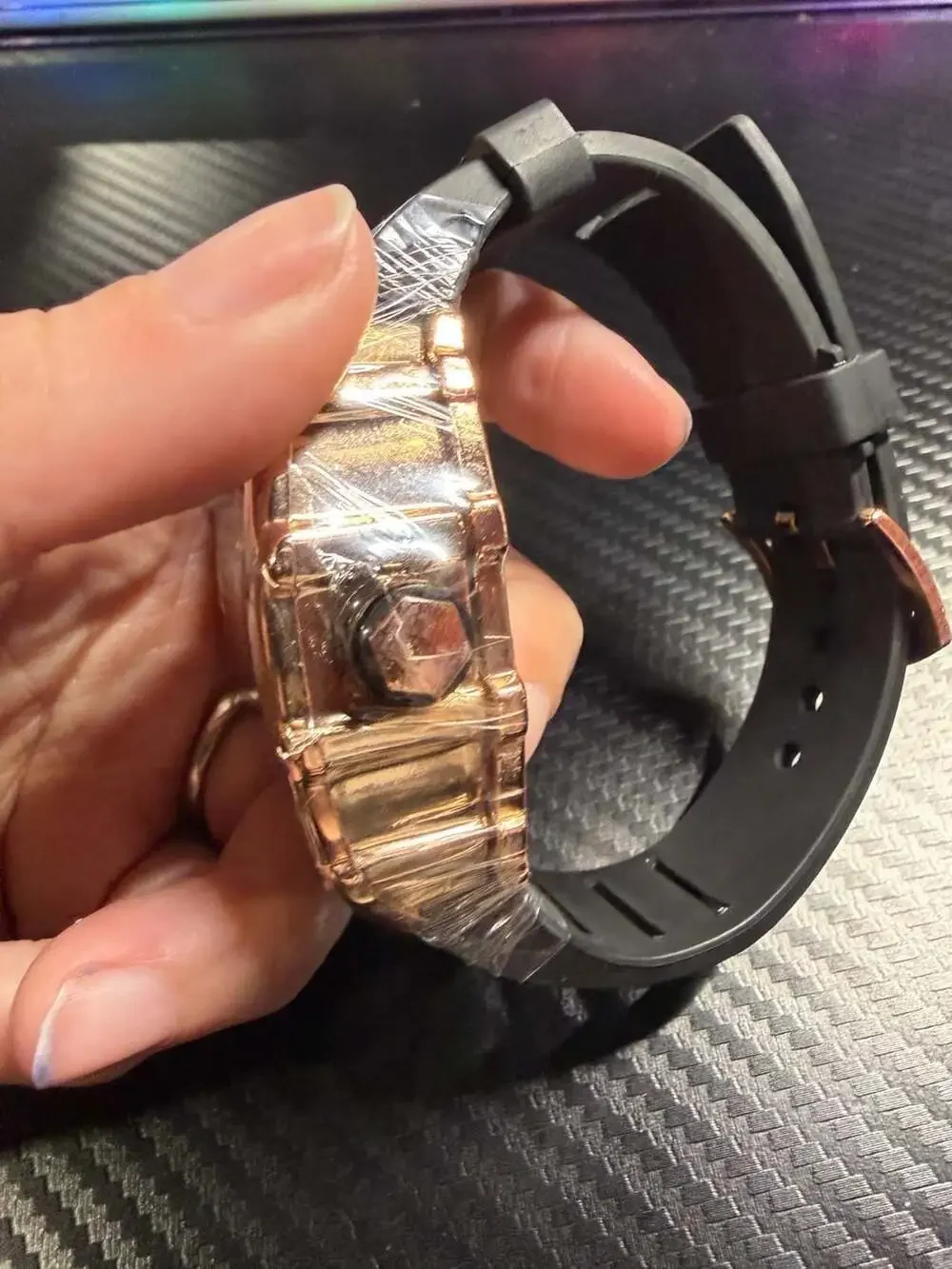 Unbranded Tonneau Skeleton Automatic Watch Rose Gold Tone